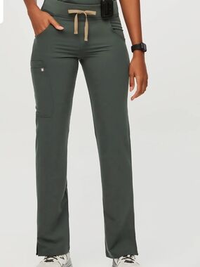 FIGS Straight-Leg Scrub Pants in Moss Green with Tan Drawstring